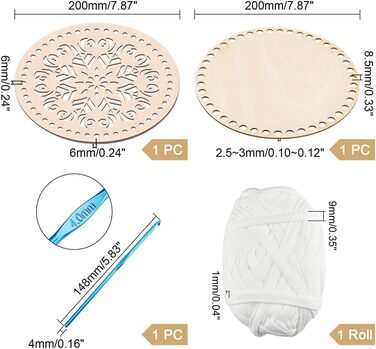Набір для дна кошика PandaHall для вязання гачком 2 x 7,8 дюймів, кругла основа для вязання з натурального дерева, порожня порожня різьблена 1 x 4 мм, алюмінієвий вязальний гачок, 1 рулон, 40 ярдів, 9 мм, біла тканинна пряжа для DIY, отвір 6/8,5 мм.