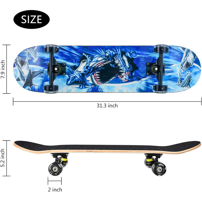 Повний скейтборд Blau-Shark 78.7 x 20.3 см - 8-шарова дека з клена, ABEC-11 підшипники, блискучі PU колеса, для дітей, підлітків та дорослих, блакитний акула дизайн