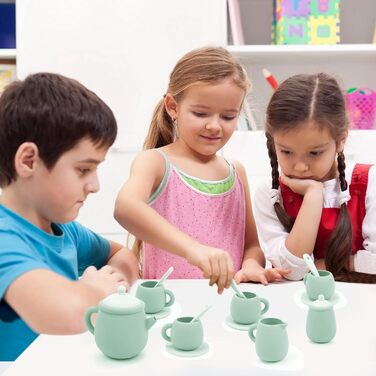 Дитячий набір для чаювання Веселий чайний вечір, силіконовий посуд для ігрової кухні, 15 предметів. Розвиваючий ігровий набір для дівчаток та хлопчиків, сприяє фантазії та навчанню, чудовий подарунок для дітей від 3 до 5 років, зелений колір.