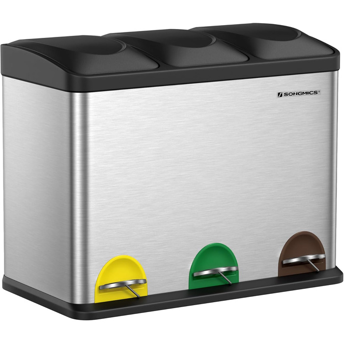 Відро для сміття кухонне, система розділення відходів 3 відділення, відро для сміття, металеве педальне відро на 45 л, 3 х 15 л, п