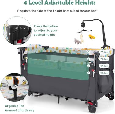 Дитяче ліжечко LIFEZEAL з матрацом, складне дитяче ліжечко з пеленальною дошкою та іграшками, дорожнє ліжечко з тканини Оксфорд, 2 рівні, регульована висота, вантажопідйомність 10/15/10 кг (сірий колір)