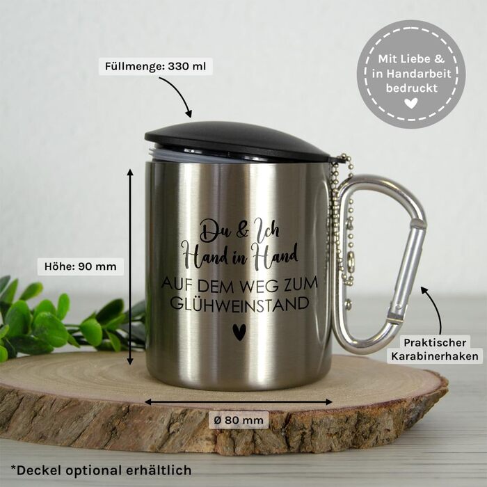 Моменти, проведені рука в руці біля кіоску з глінтвейном Чашка з нержавіючої сталі з карабіном Ідея подарунка 330 мл Чашка Для кемпінгу Ключки Срібна без кришки