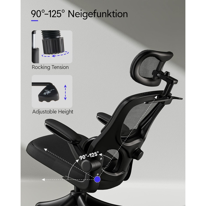 Ергономічне офісне крісло TUKAILAi, крісло керівника з поперековою опорою та підголівником, регульоване, підлокітники, що складаються на 90, висока спинка, сітчасте поворотне крісло для роботи вдома (чорне)