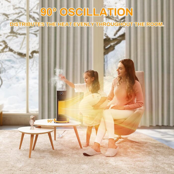 Енергозберігаючий невеликий електричний вентилятор-обігрівач LIFERUN з термостатом та зволожувачем, коливальний електричний обігрівач 90, керамічний нагрівальний елемент PTC, тихий, режим ECO, для спалень, M-2000 Вт