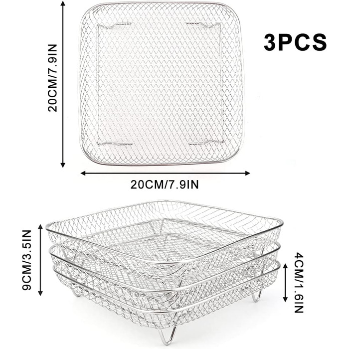 Стійки для аерофритюрниці, лоток для кошика аерофритюрниці з нержавіючої сталі 3-шарові штабельовані стійки-дегідратори для випічки у фритюрниці (квадратні), 3