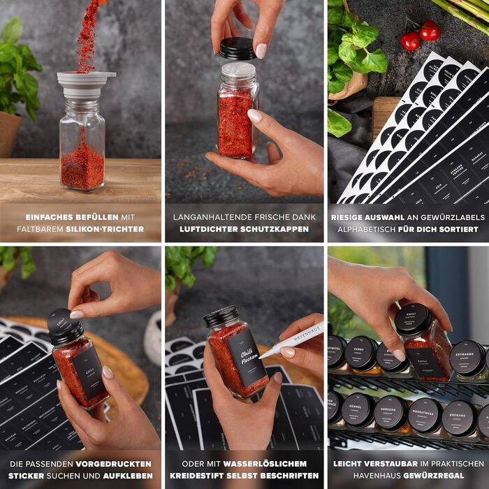 Набір чорних підставок для спецій Окремостоячий або настінний 24 банки для спецій 336 етикеток для спецій Сучасний дизайн Безпечний для харчових продуктів та придатний для миття в посудомийній машині