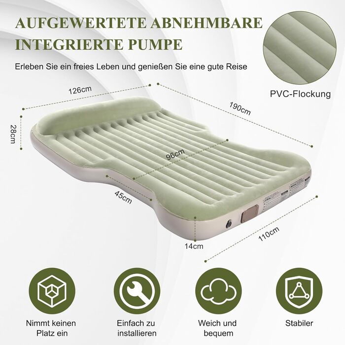 Надувний матрац KMZ для позашляховиків із вбудованим повітряним насосом, товстіший флок, самонадувальний, портативний надувний матрац для позашляховиків, мінівенів, кемпінгу, використання на свіжому повітрі, швидке надування та здування