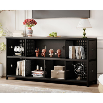 Книжкова полиця LVB з 8 відділеннями, 2-ярусна книжкова шафа, кубічна полиця, полиця-перегородка для кімнати, офісна полиця, горизонтальна, для вітальні, офісу, кабінету, дитячої кімнати, дерев&39яна, чорна, 34Г x 160Ш x 76В