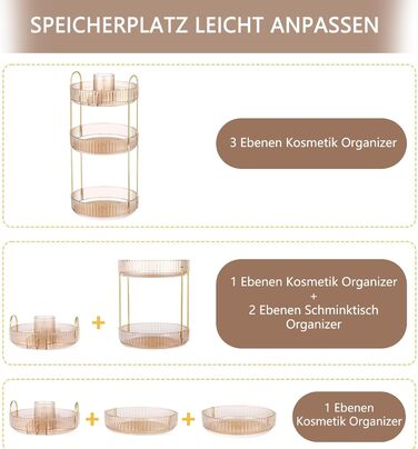Обертовий органайзер для макіяжу Косметичний органайзер 3 яруси Органайзер для макіяжу для догляду за шкірою Косметична полиця Зберігання косметики з пензликом Органайзер для комода, ванної кімнати, золото Gold 3 яруси, 360