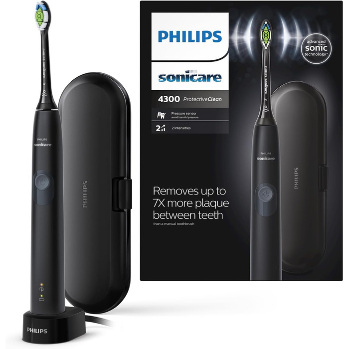 Електрична зубна щітка Philips Sonicare ProtectiveClean 4300 - звукова зубна щітка з насадкою для щітки W2 Optimal White, дорожнім футляром і зарядною док-станцією, чорна (модель HX6800/87)