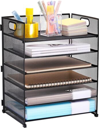 Металевий настільний органайзер, 6 відділень для листів та документів (A4), чорний, металевий настільний органайзер з ручкою, органайзер для шухляд 32x23x40 см, офісне приладдя для паперу A4, книг, журналів