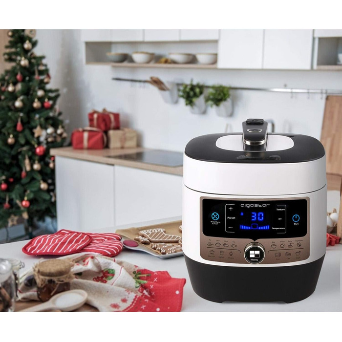Скороварка Aigostar Panda 7 в 1, мультиварка на 6 л з 14 функціями, світлодіодна панель, налаштування тиску, таймер і функція піді