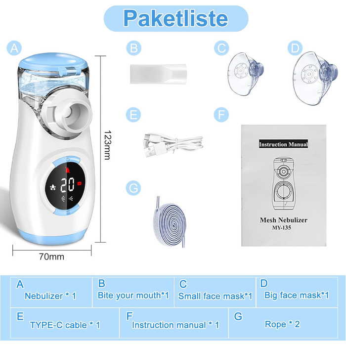 Портативний інгалятор Sentasi для дорослих та дітей, безшумний електричний небулайзер зі світлодіодним цифровим дисплеєм, 2 регульовані схеми розпилення з 2-ма масками та 1 мундштуком (синій)