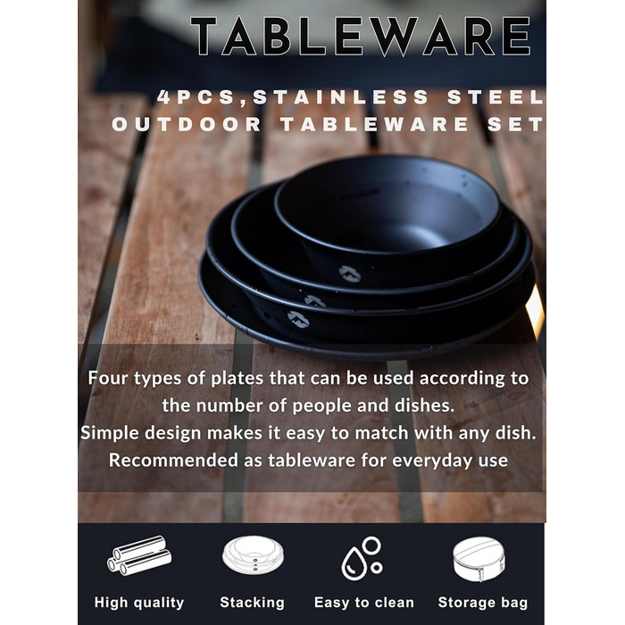 Набір посуду для кемпінгу CAMPINGMOON, нержавіюча сталь, тарілки, миски, штабельовані, посуд для активного відпочинку, сумка з тканини, для кемпінгу, піших прогулянок, пікніків (4 предмети, чорний колір з титановим покриттям)