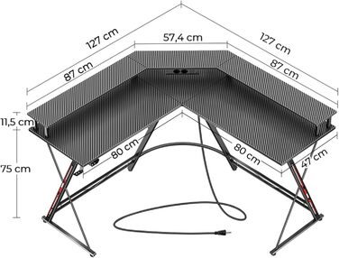 Ігровий стіл SEVEN WARRIOR L-подібної форми, ігровий стіл з розеткою, світлодіодне освітлення, підставка для монітора та 2 гачки, кутовий стіл з карбоновою поверхнею, комп&39ютерний стіл для спальні (127 x 127 см) 127 см