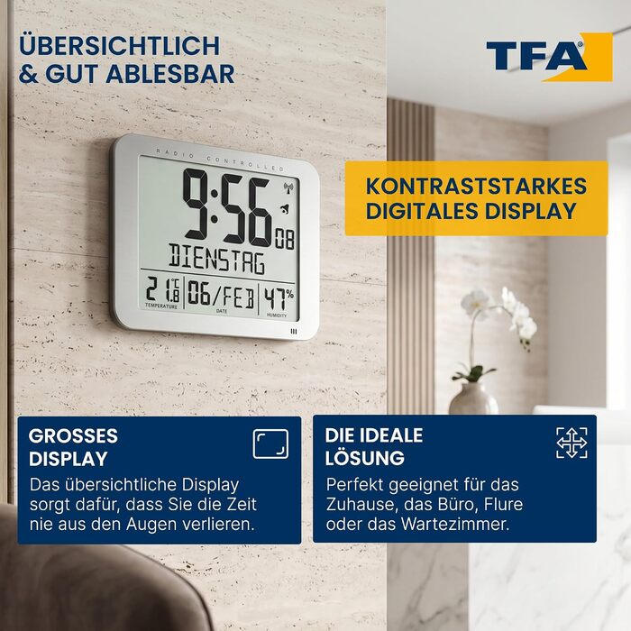 Цифровий радіокерований годинник TFA Dostmann 60.4516.54 з термогігрометром, відображенням дня тижня (10 мов), 2 функціями будильника, настільний/настінний, сріблястий, 248 x 25 (73) x 206 мм