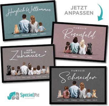 Сімейний килимок для дверей з іменами та фігурками, можна налаштувати для 1, 2, 3, 4 дітей, кіт, собака, акварельний малюнок, нековзний та миється, чорний, 60x40 см.