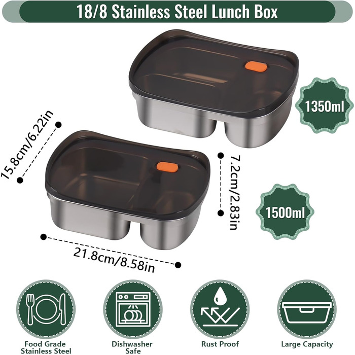 Набір ланчбоксів 2 шт. для дорослих та дітей, нержавіюча сталь 18/8, 1500 мл 1350 мл. Герметичні контейнери з відділеннями для обіду, сніданку та перекусу. Металевий ланчбокс у стилі бенто.