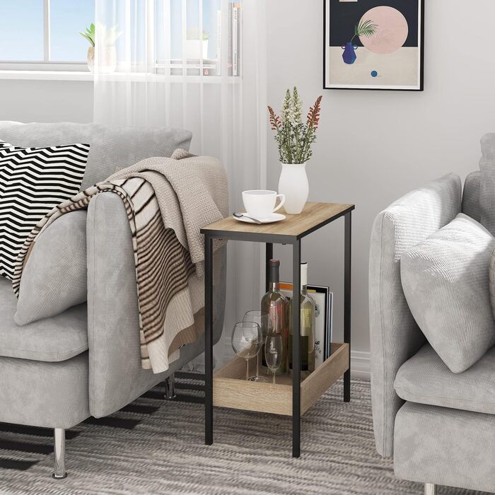 Журнальний столик WOLTU з 2 полицями, консольний столик з місцем для зберігання для вітальні, стіл для вітальні з металевого та дерев&39яного композиту, невеликий диванний столик, чорний та світлий дуб, 50x55x25 см, BTS03hei світлий дуб чорний