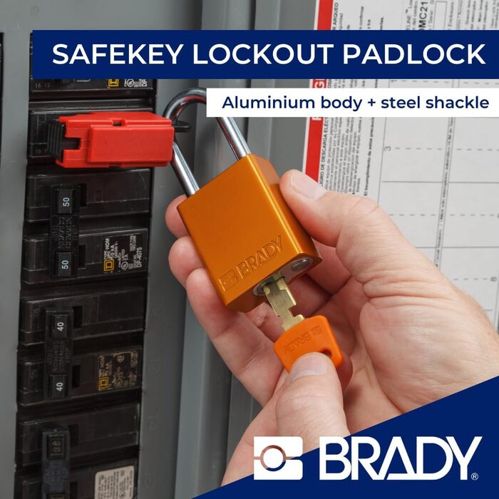 Замок навісний Brady SafeKey алюмінієвий, замок для блокування/маркування (Lockout/Tagout) з ключем замок безпеки для внутрішнього та зовнішнього використання висота дужки 38.10 мм індивідуальний ключ червоний