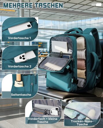 Рюкзак Suradar для ручної поклажі 40x30x20 см для Ryanair, Wizzair, малий рюкзак для ручної поклажі, літак, 24 л, дорожній рюкзак, сумка 40x30x20 см, рюкзак для ручної поклажі під сидінням для ноутбука 15,4 дюйма, колір павиного синього, F-pavion blue 40x