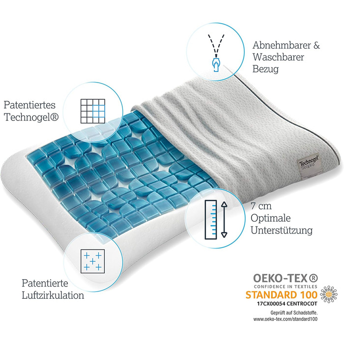 Ортопедична подушка для шиї Technogel Anatomic Curve запатентована, не містить шкідливих речовин та сертифікована гелева подушка для шийного відділу хребта для сну на спині та боці, включаючи наволочку 66x40x0,7 см, висота 7 см