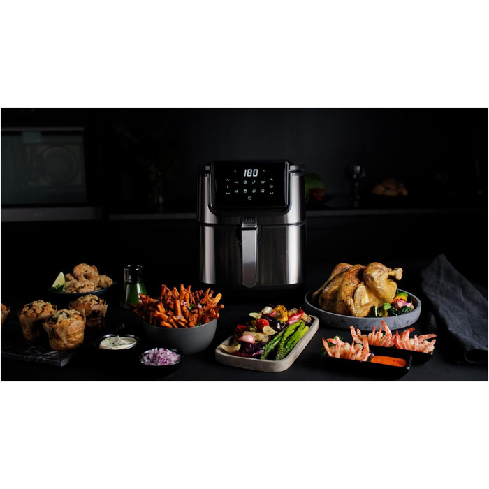Аерофритюрниця AEG AF6-1-4ST / Смаження у фритюрі / Гриль / Смаження / Випічка без / Низький вміст олії / 8 програм / Ємність 3.5 л / Можна мити в посудомийній машині / Світлодіодний сенсорний дисплей / Програмований / Нержавіюча сталь, сіра нержавіюча ст