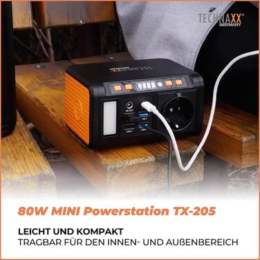 Міні-зарядна станція Technaxx TX-205 зі світлодіодною панеллю, лампою, 5 портами USB - 74 Втгод, портативним зарядним пристроєм 230 В з вбудованим розетком для ноутбука, мобільного телефону, міні-холодильника тощо, сумісна із сонячними зарядними пристроям