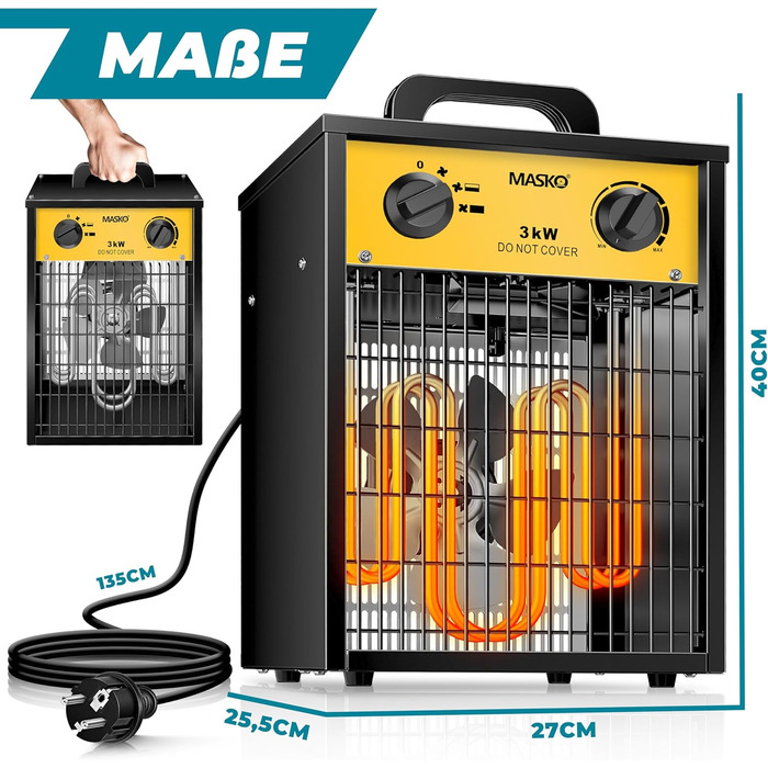 Електричний обігрівач MASKO, вентилятор-обігрівач, будівельний обігрівач, керамічний радіаційний обігрівач, електричний нагрівальний пристрій з термостатом, електричний обігрівач з 3 режимами нагріву, вентилятор-обігрівач для використання всередині та зов