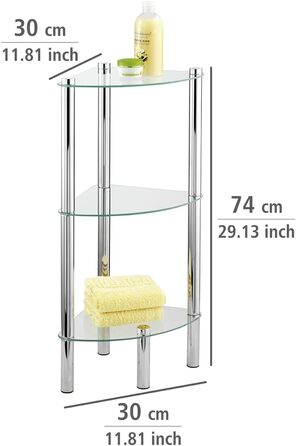 Кутова полиця WENKO Модель Yago з 3 скляними полицями, Кутова полиця для ванної кімнати з нержавіючої сталі та скла, 30 x 74 x 30 см, Компактне сховище для ванної кімнати, 3 яруси