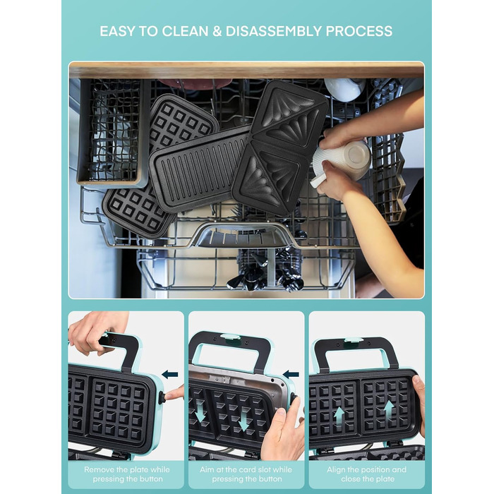 Бутербродниця 3 в 1, вафельниця/контактний гриль/бутербродниця 1200 Вт, 5-швидкісний контроль температури, набори пластин Coater з антиприлипним покриттям, термоізольована ручка, можна мити в посудомийній машині, світлодіодні лампи, синій