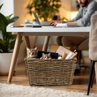 Прямокутний кошик для зберігання з ротанга, колір &quotшеббі сірий&quot - 44 x 33 см - Плетений кошик з полицями з верби та ручками - Дерев&39яний кошик, вербовий кошик, ротанговий кошик, дерев&39яний декоративний кошик, полиця для ванної кімнати, органай