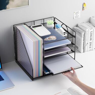 Органайзер для столу з тримачами для файлів, 5-рівневий органайзер для поштових скриньок, органайзер для робочого столу та місце для зберігання, сітчастий органайзер для столу та аксесуари для домашнього офісу, чорний, 5-рівневий - чорний