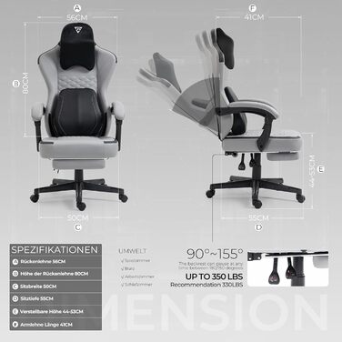 Ігрове крісло з підігрівом та масажною поперековою опорою, ергономічне ігрове комп&39ютерне крісло з пружинними подушками та підставкою для ніг, крісло для ПК з високою спинкою та відкидним кріслом для дорослих, сірий колір