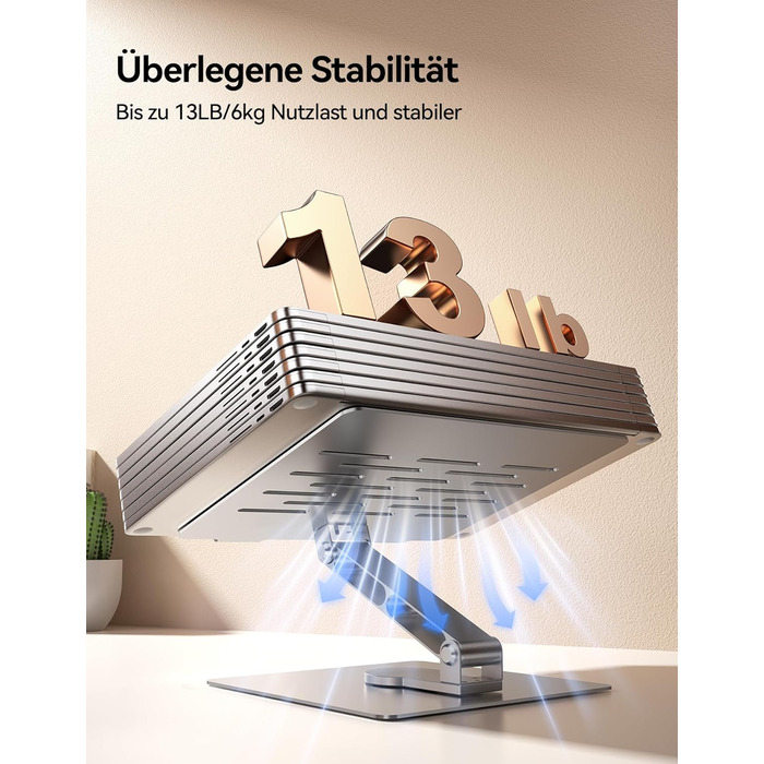 Стійка для ноутбука TECKNET поворотна на 360, регульована по висоті, складана, ергономічна підставка для ноутбука на стіл. Сумісна з MacBook Air/Pro до 16. Срібляста.