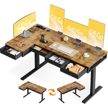 Кутовий стіл OffiGo, регульована висота, 160x80 см, Стіл з регульованою висотою та 4 шухлядами, електричний L-подібний стіл з розеткою для офісу та навчання, великий кутовий стіл, вінтажний коричневий, 160 x 80 см