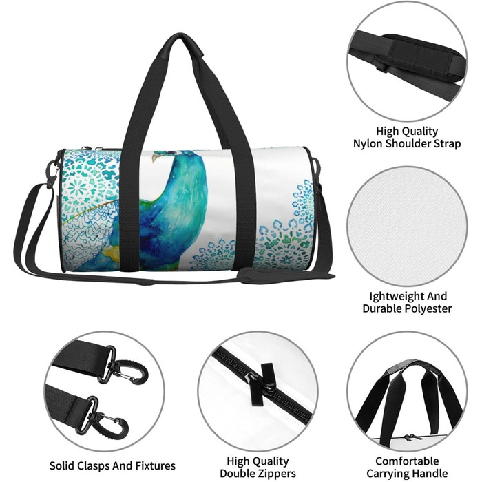 Спортивна сумка для подорожей, стильний принт з павичами та квітами, сумка на нічліг, чорний колір, універсальний розмір