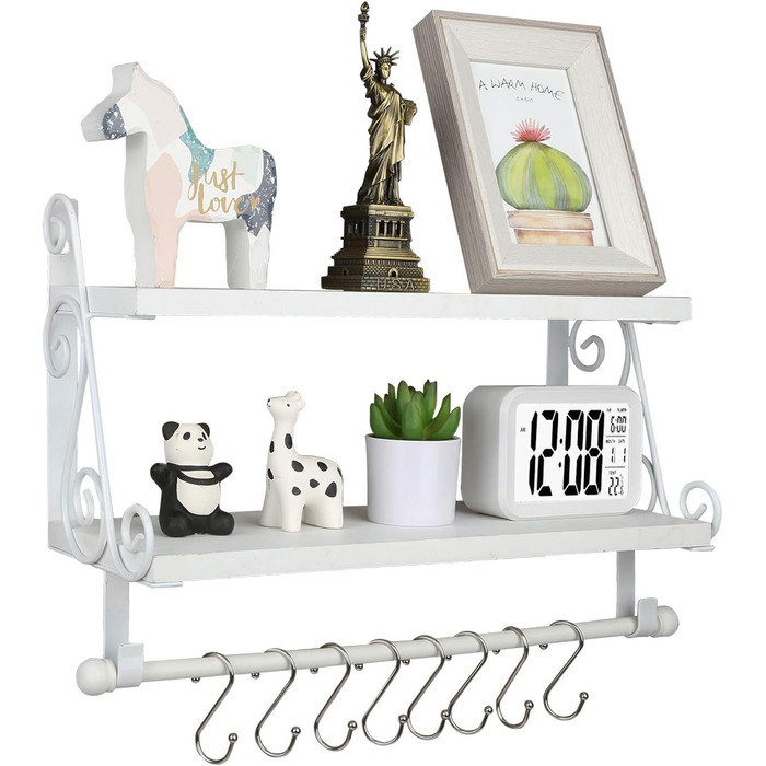 Дерев&39яна настінна полиця, плаваюча полиця, підвісна полиця, 2-рівнева полиця для спецій, кухонна полиця, органайзер для настінних полиць, полиця для ванної кімнати з 8 знімними гачками для ванної кімнати, вітальні, коридору, біла