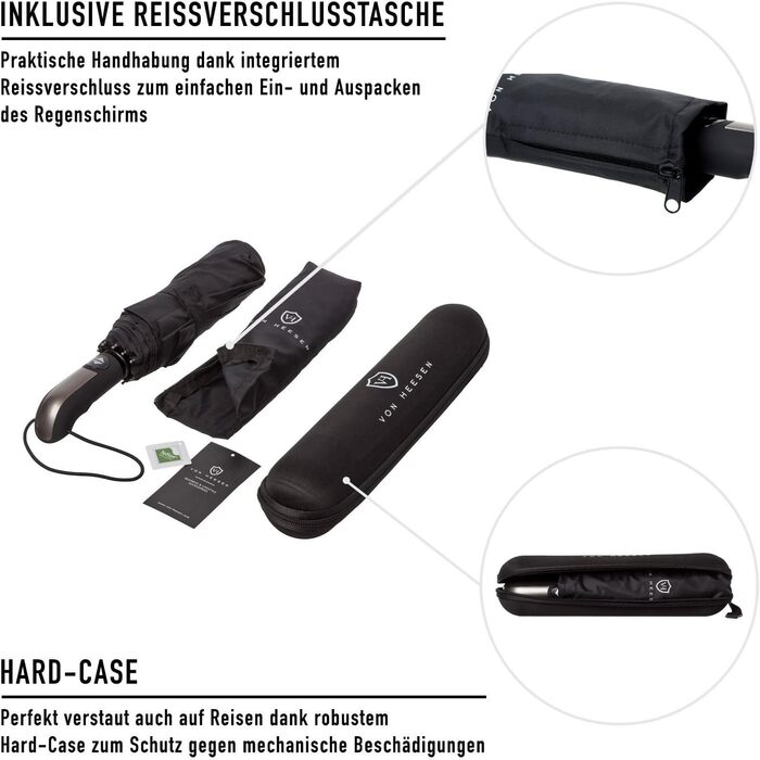 Парасолька VON HEESEN захищена від шторму до 140 км/год - з сумкою-парасолькою та дорожнім футляром - Складна парасолька з автомат