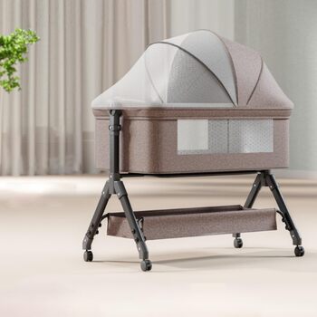 Дитяче ліжечко-тумбочка, дитяче ліжко 3-в-1, регулювання висоти та нахилу матраца, 4 колеса з гальмами, з аксесуарами, сумка, москітна сітка (хакі) X3khaki