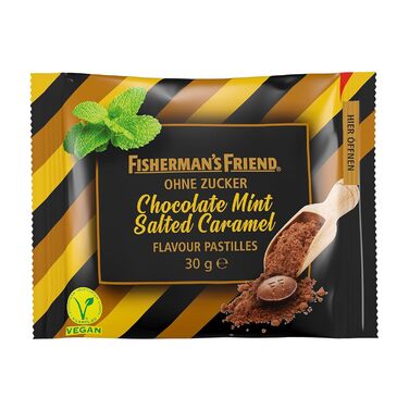 Шоколадна м'ятна солона карамель Fisherman's Friend, пастили з шоколадними цукерками, зі смаком м'яти та солі та карамелі, веганські солодощі без цукру, 20 x 30г