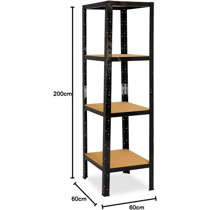 Чорний надміцний стелаж, Чорний металевий стелаж, 4 полиці вантажопідйомністю 175 кг кожна, Стелаж для зберігання, Стелаж для підвалу, Побутовий стелаж, Чорний металевий стелаж, Окремостоячий, В 200см / Ш 60см / Г 60см, 200x60x60