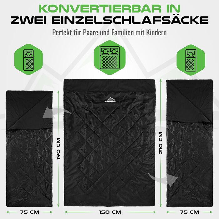 Подвійний спальний мішок MOUNTREX - Літній спальний мішок для 2 осіб (210 x 150 см), Спальний мішок-ковдра - XXL Літній спальний мішок з 2 подушками для дорослих - Кемпінг, на природі та в приміщенні, чорний