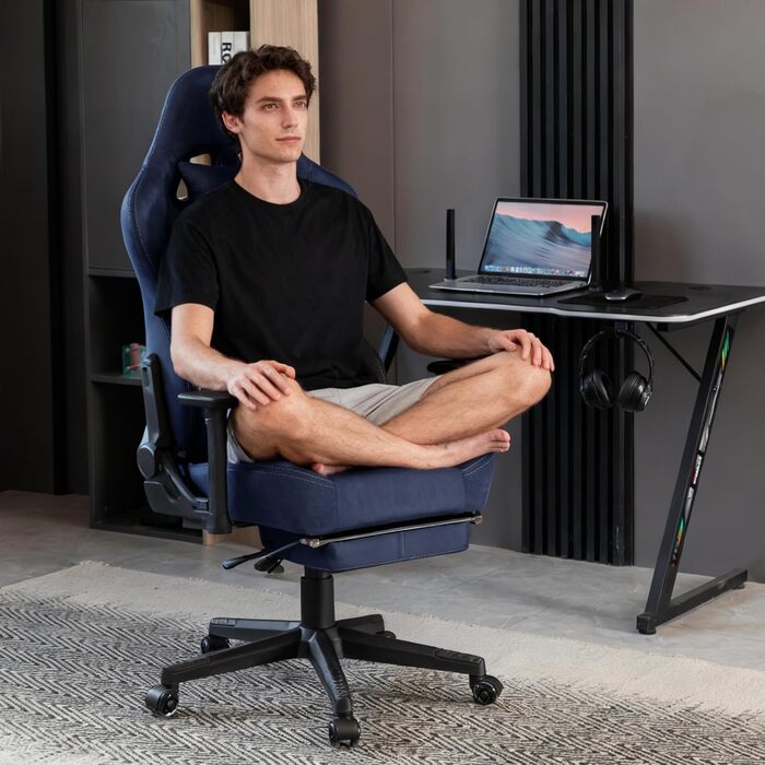 Ігрове крісло Symino з латексною подушкою сидіння, вантажопідйомність 300 кг, ергономічне комп&39ютерне крісло з поперековою опорою та підголівником з піни з ефектом пам&39яті, дихаюче офісне крісло зі штучної замші, темно-синє