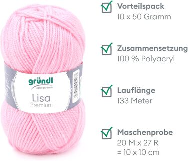 Пряжа Grndl Lisa Premium Uni Knitting & Chet Yarn (м'яка і вовняна пряжа, проста в догляді миється трикотажна пряжа з 100 поліакрилу, 50 г/ 133 м, розмір голки 3,5 - 4,5, 10 клубків по 50 г кожен), (baby pink)