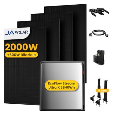 Універсальна балконна електростанція потужністю 2000 Вт з накопичувачем 3840 Втгод, ECOFLOW STREAM Ultra X з 4 датчиками MPPT та кронштейном для кріплення на плоский дах, розумним лічильником та повним комплектом аксесуарів, 4 сонячні модулі JASolar по 50