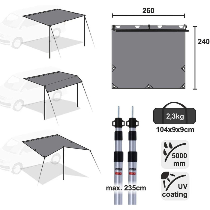 Брезент для будинку на колесах 260 x 240 Тіньове вітрило з пілоном для кемпінгу, автобуса, автомобіля, УФ-50 Захист, водонепроникн