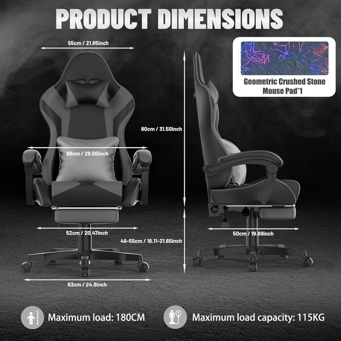 Ергономічне ігрове крісло Soontrans, ігрове крісло з пружинною подушкою, висувна підставка для ніг, підголівник, регульована висота, штучна шкіра, регульована спинка 90-135 (чорний/сірий)