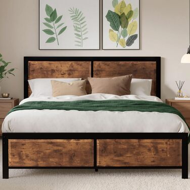 Ліжко VECELO з металевим каркасом 140 x 200 см та товстим дерев&39яним узголів&39ям, каркас двоспального ліжка з металу з рейковою основою, багато місця для зберігання під ліжком, ідеально підходить для спальні, коричневий колір 140 x 200 см, коричневий