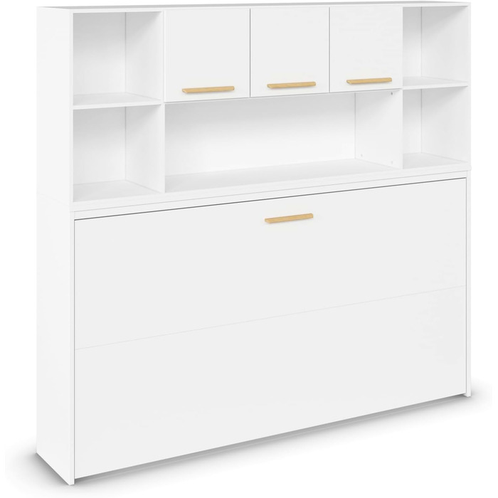 Меблі Rauch Albero, ліжко, настінне ліжко, поперечно розкладне ліжко, компактне настінне ліжко з каркасом ліжка, полицею та рейковою основою, спальна зона 90x200 см, колір білий, ручки з масиву дуба, 214x197x44 см